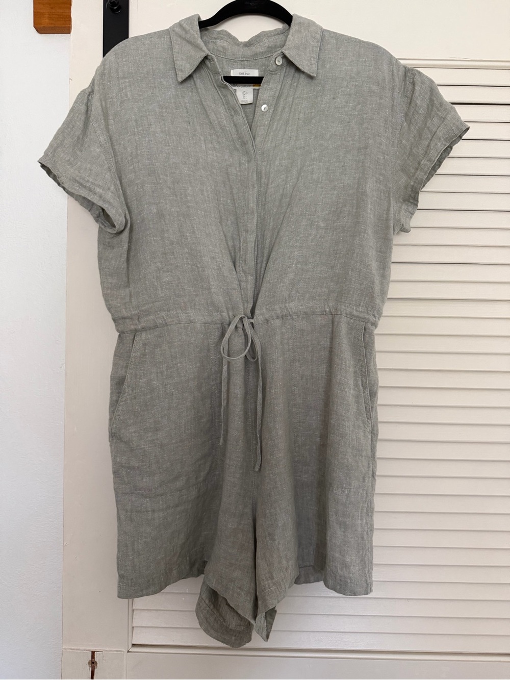 C&C California Sage Gray Linen Tie-Waist Mini Romper Dress